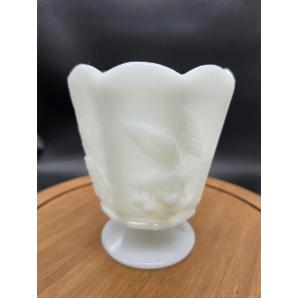 NAPCO # 1186 White Milk Glass Footed Vase Planter Embossed Grapes & Cherries‎